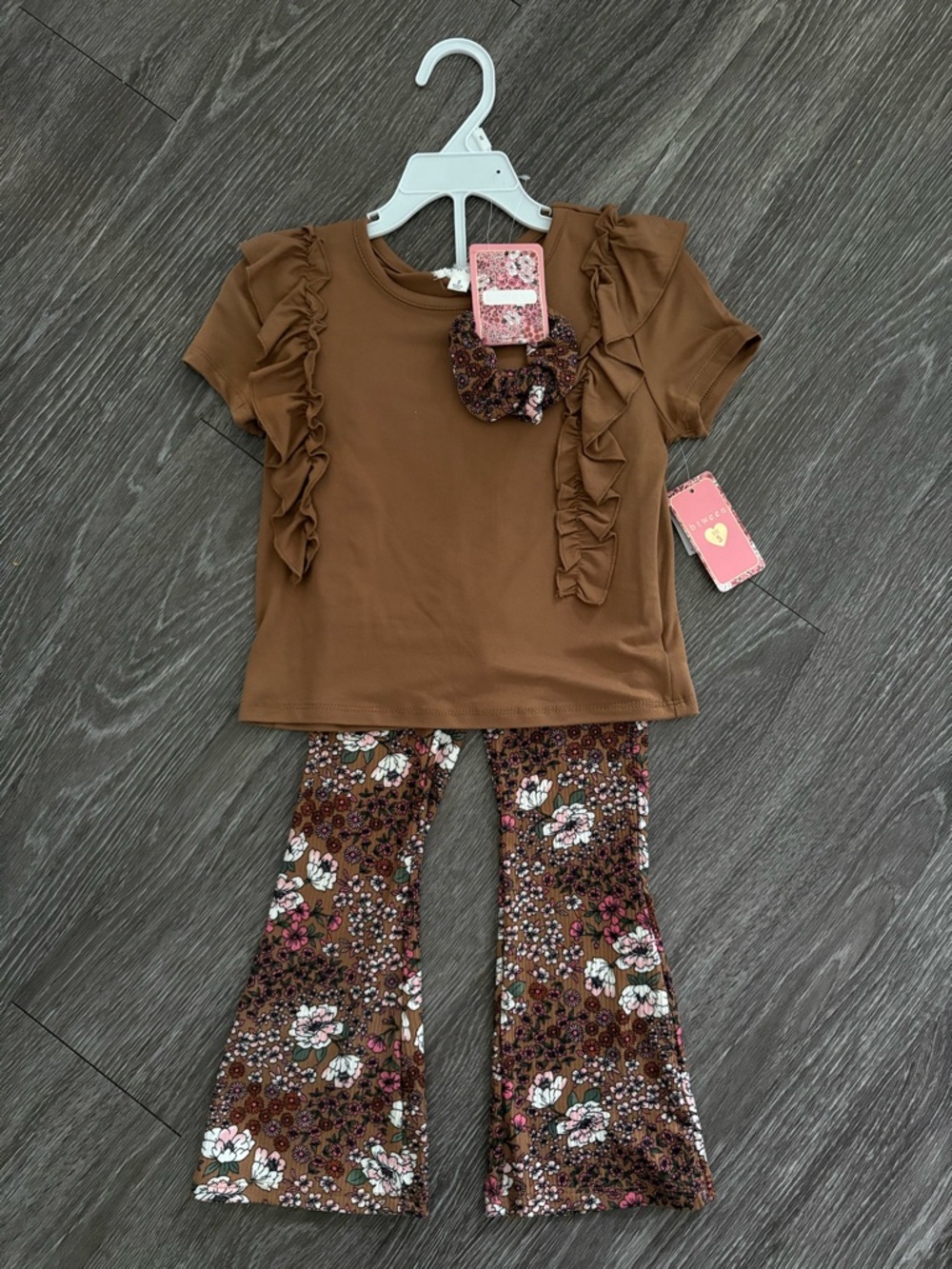 Girls Brown Ruffle Top with Floral Bell Bottoms Set Size 5